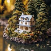 ai génératif miniature maison dans forêt avec des arbres et rivière miniature photo