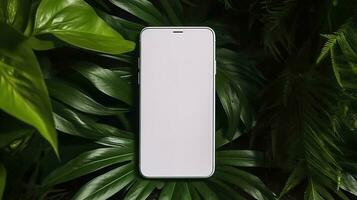ai génératif blanc écran téléphone intelligent dans de face de vert feuilles photo