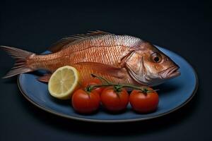 savoureux frit poisson avec tomates ai généré photo