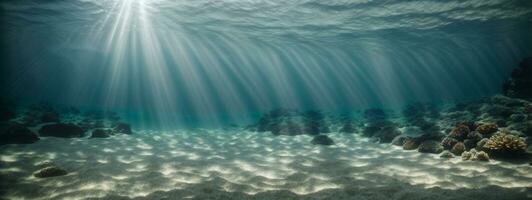 sous-marin Contexte Profond bleu mer et magnifique lumière des rayons avec sablonneux sol. ai généré photo