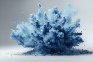 abstrait bleu poussière explosion sur blanc Contexte. Geler mouvement de bleu poudre éclaboussure. peint Holi dans festival.. ai généré photo