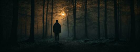 silhouette de seul homme dans forêt. ai généré photo