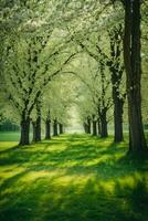 printemps la nature. magnifique paysage. vert herbe et des arbres. ai généré photo