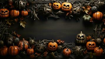 charmant Halloween Contexte avec citrouilles, chauves-souris, les araignées et violet l'automne feuilles et espace pour texte. génératif ai, photo