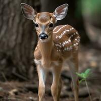 bébé cerf en marchant autour le les bois ai généré, ai génératif photo