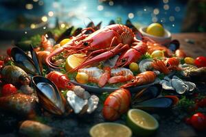 Homard et Fruit de mer fête table avec huître, crabe, palourdes, crevettes et écrevisse ai généré photo