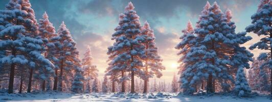 pin des arbres couvert avec neige sur glacial soir. magnifique hiver panorama. ai généré photo