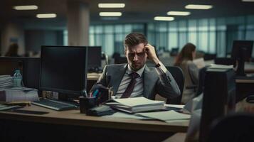 une déprimé employé dans le bureau. un image reflétant lieu de travail stress et mental santé luttes photo