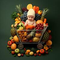 bébé et en bonne santé fruit achats métallique panier avec pommes photo