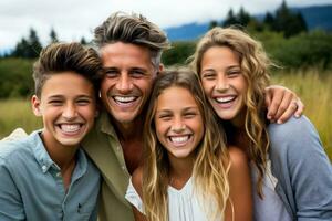 une famille portrait plein de joie après une réussi réunion isolé sur une blanc Contexte photo