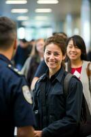 souriant visages à immigration point de contrôle croustillant Contexte avec vide espace pour texte photo