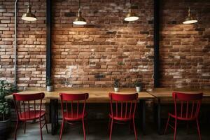 une image de intérieur de moderne café avec brique mur et en bois les tables avec rouge canapé génératif ai photo