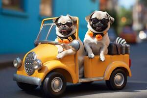 une photo de deux mignonne chihuahua chiens conduite une jouet voiture sur le route génératif ai
