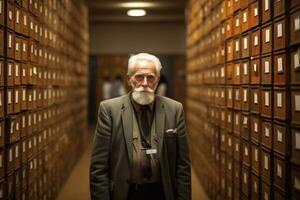 une image de portrait de Sénior homme permanent dans archiver à université. concentrer sur le sien visage génératif ai photo