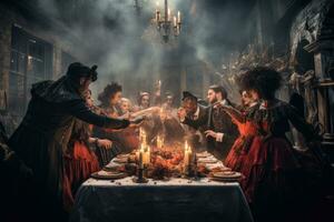 une groupe de Jeune gens dans médiéval vêtements sont séance à le table dans une foncé chambre. effrayant Halloween fête dans le cœur de victorien Londres. copains recueillir autour une de fête tableau, ai généré photo