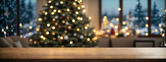 vide woooden table Haut avec abstrait chaud vivant pièce décor avec Noël arbre chaîne lumière brouiller Contexte avec neige, vacances toile de fond, maquette en haut bannière pour afficher de afficher produit.. ai généré photo