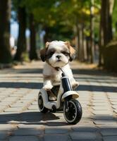 une mignonne chien sur une mini bicyclette sur une ville parc route photo