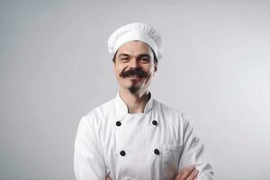 une homme chef avec une barbe et moustache dans une blanc uniforme salue clients. blanc Contexte. photo