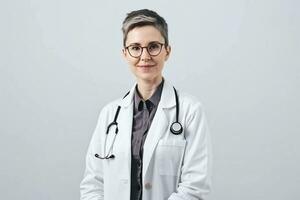 portrait de une magnifique Jeune fille médecin dans une blanc manteau. elle regards amical et sourit. blanc Contexte. photo