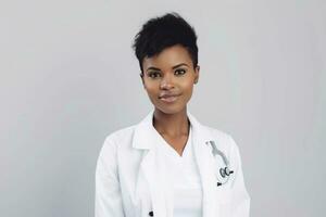 portrait de une magnifique Jeune fille médecin dans une blanc manteau. elle regards amical et sourit. blanc Contexte. photo