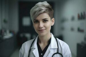 portrait de une magnifique Jeune fille médecin dans une blanc manteau. elle regards amical et sourit. photo