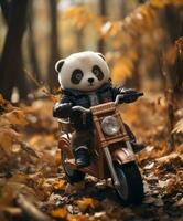 une mignonne Panda sur une mini-vélo équitation par une forêt photo