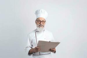 une homme chef avec une barbe et moustache dans une blanc uniforme salue clients. blanc Contexte. photo