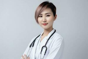 portrait de une magnifique Jeune fille médecin dans une blanc manteau. elle regards amical et sourit. blanc Contexte. photo