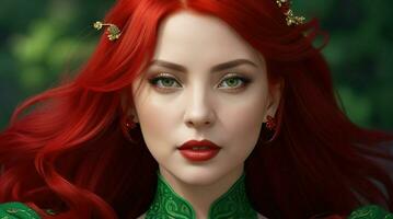 ai généré. ai génératif - cramoisi charme - femme vibrant rouge cheveux et vert robe élégance photo