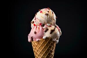 fermer vue de fraise tranche la glace crème cône. génératif ai. photo