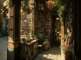 ai généré. ai génératif - périple à le passé - explorant une confortable ancien librairie dans une charmant ruelle photo