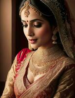 ai généré. ai génératif - de mariée splendeur - une magnifique fille orné dans une gracieux sari photo
