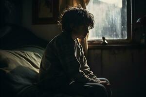 triste enfant Souffrance de la dépression séance seul dans chambre sentiment solitude. effrayé craintif garçon séance sur lit par le fenêtre à maison. génératif ai photo