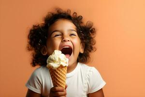 content peu fille en mangeant vanille la glace crème dans une gaufre cône sur Orange Contexte. copie espace, studio tir, illustration. génératif ai photo