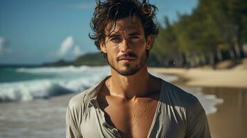 portrait de Beau et intelligent homme permanent à le plage. Jeune souriant sportif sur vacances prendre plaisir mer brise et à la recherche à caméra. été et vacances concept. génératif ai photo