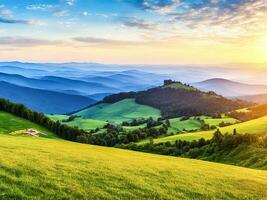 vallée et montagnes pendant lever du soleil Naturel été paysage photo