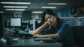 réaliste représentation asiatique femme employé dans bureau, reflétant lieu de travail stress et émotif luttes photo