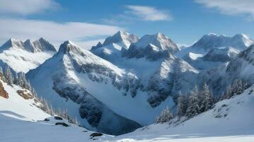 majestueux couvert de neige Montagne intervalle dans tout ses robuste splendeur, une la nature chef-d'oeuvre de tranquillité et grandeur. ai généré photo