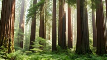 majestueux séquoia forêt, où géants toucher le ciel - une Stupéfiant panorama de la nature splendeur. ai généré photo