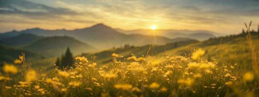 magnifique lever du soleil dans le montagne, Prairie paysage rafraîchissement avec rayon du soleil et d'or bokeh.. ai généré photo