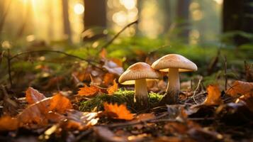 champignons dans le forêt. fermer photo de une champignon en dessous de l'automne feuilles