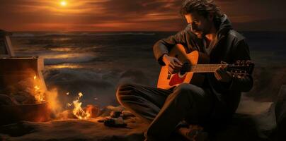 une homme est en jouant guitare avec gens autour une foyer à le coucher du soleil photo