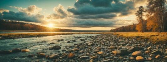 forêt rivière avec des pierres sur rivages à le coucher du soleil. ai généré photo