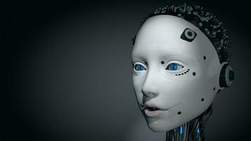 tête de femelle humanoïde robot avec blanc embrasé Plastique peau, bleu yeux et illuminé circuits dans sa crâne contre foncé Contexte. 3d illustration photo