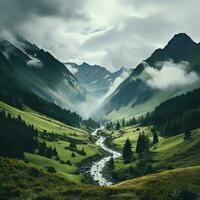 magnifique paysage de montagnes, écoulement rivières et vallées dans le hauts plateaux, génial pour sites Internet, les blogs, toiles de fond, affaires etc. image de génératif ai photo