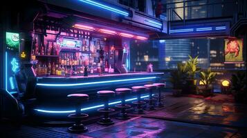génératif ai, cyberpunk style bar ou café. nuit scène de gros ville, futuriste nostalgique années 80, années 90. néon lumières vibrant couleurs, photoréaliste horizontal illustration. photo