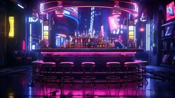 génératif ai, cyberpunk style bar ou café. nuit scène de gros ville, futuriste nostalgique années 80, années 90. néon lumières vibrant couleurs, photoréaliste horizontal illustration. photo