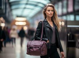 femme d'affaires porter bagage en marchant autour avec mobile téléphone dans le aéroport photo