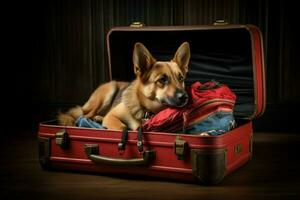 femme enceinte chien asseoir à ouvert valise. vacances Voyage photo