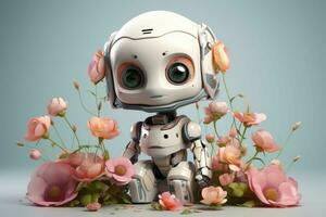 floral mignonne robot fille avec fleurs. produire ai photo